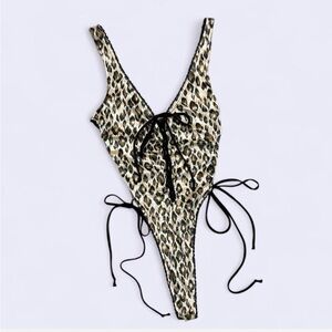 Faris 80s velvet-like leopard high cut bodysuit leotard w lace up sides & bodice